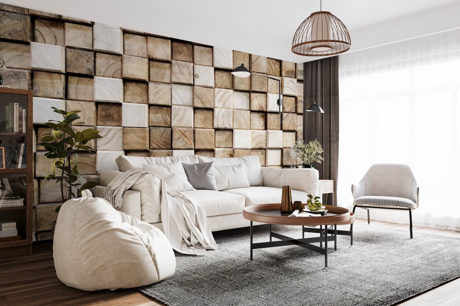 Fototapeta objemové štvorcové konštrukcie z bieleho dreva