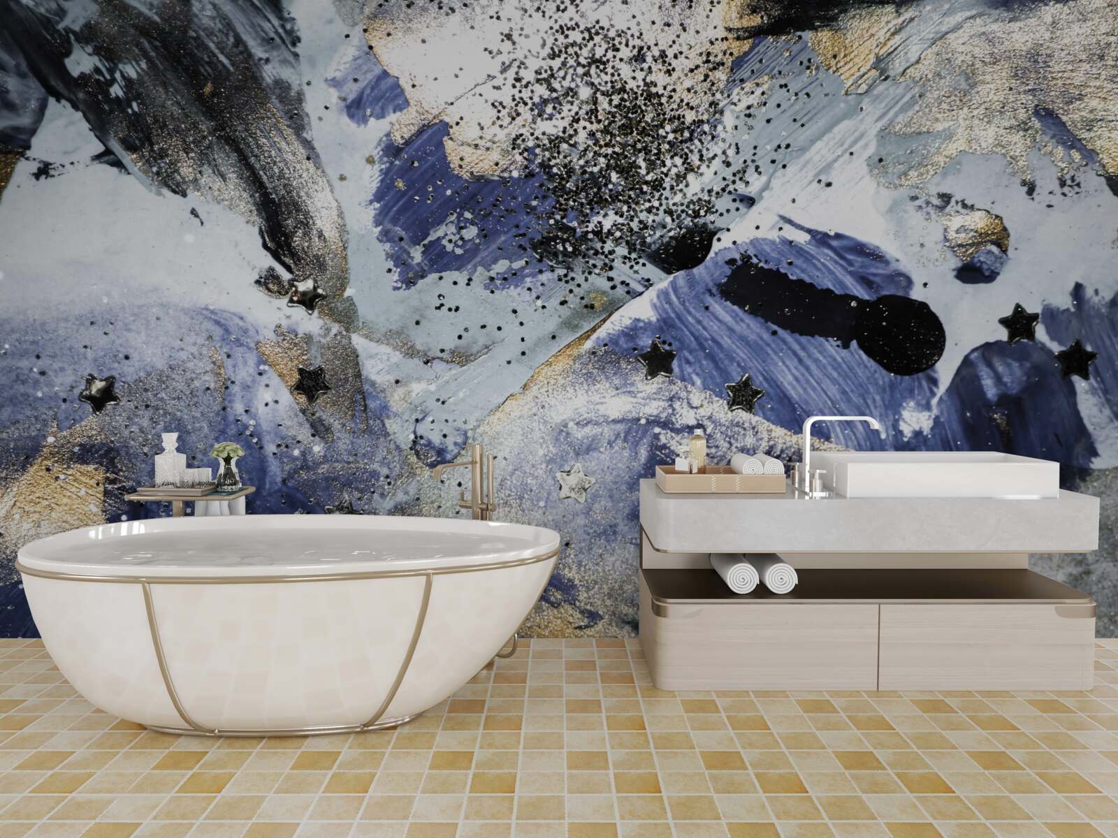 Fototapeta odtiene zlatej a modrej v abstraktnom prevedení