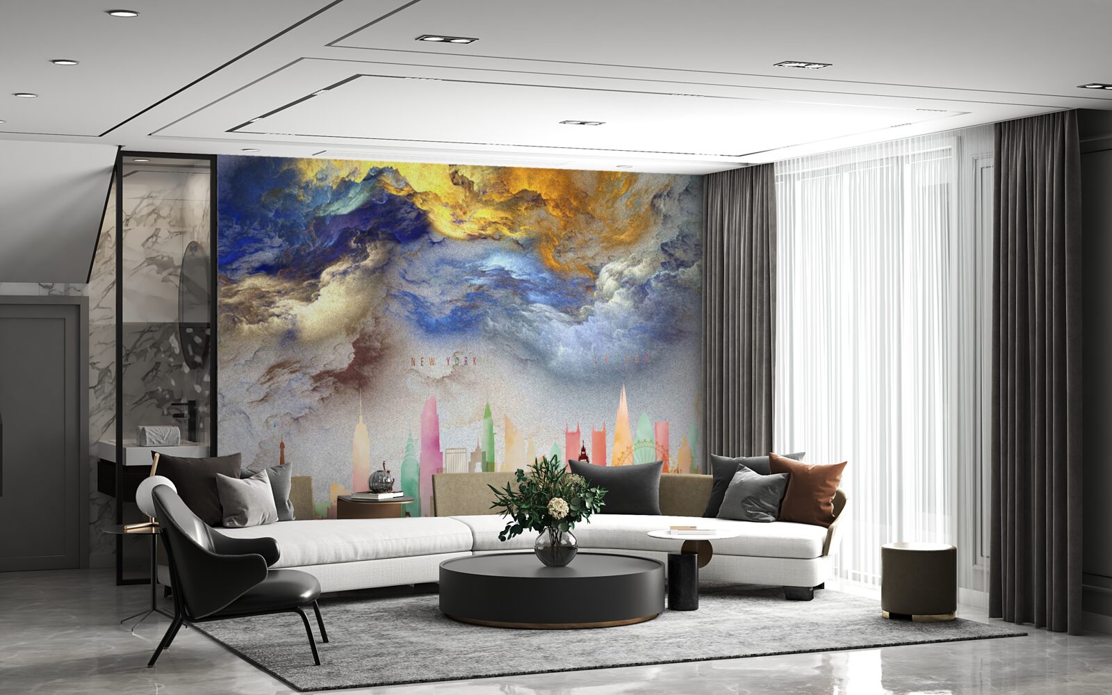 Fototapeta nejasné mraky nad mestskými budovami