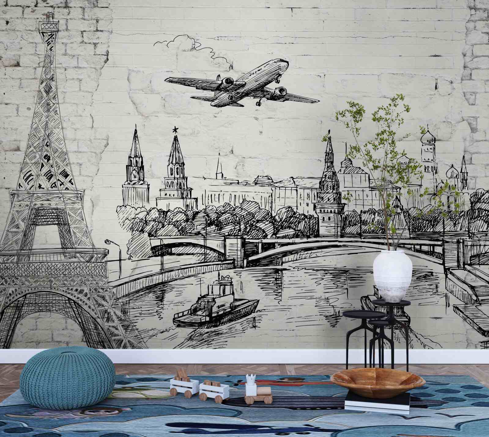 Fototapeta mesto v čiernej a bielej farbe postavené z bielych tehál