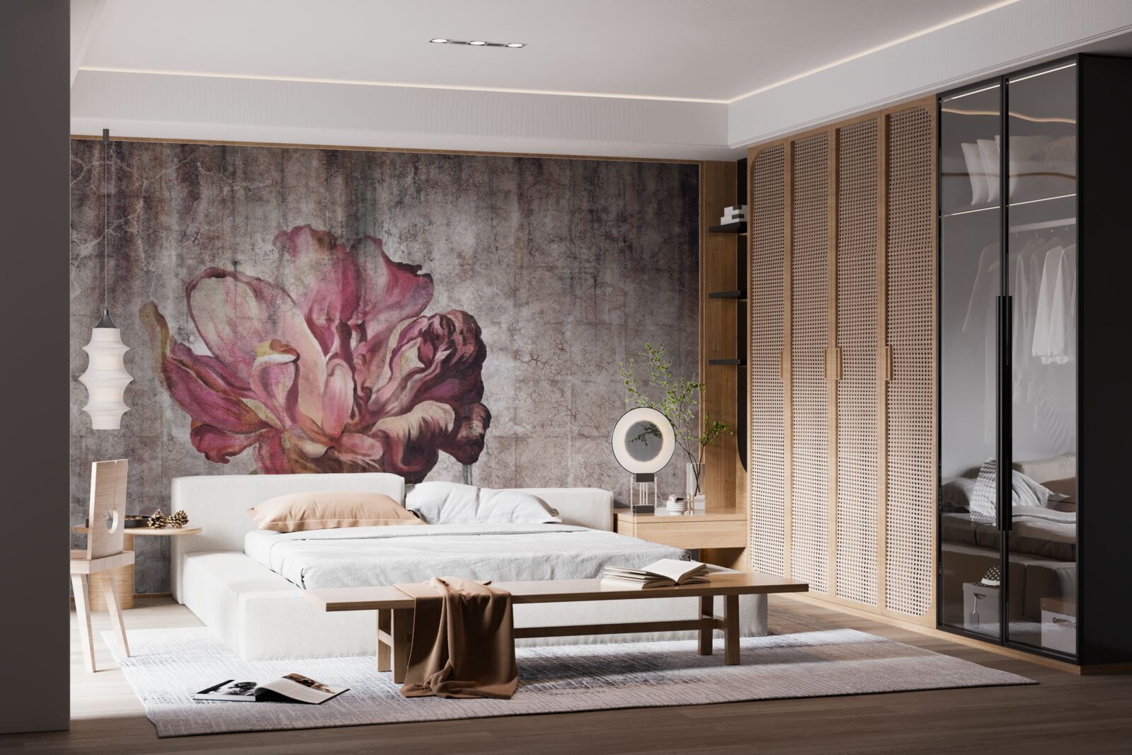 Fototapeta osamelý šarlátový kvet počas lejaku