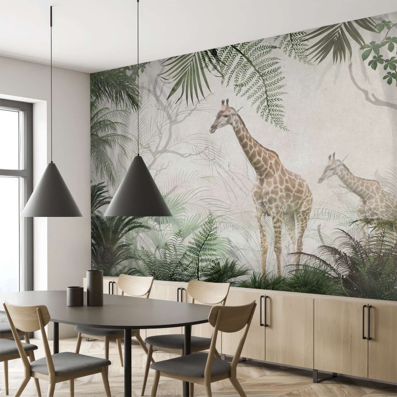 Fototapeta rodinka žiráf kráča po lesnom chodníku