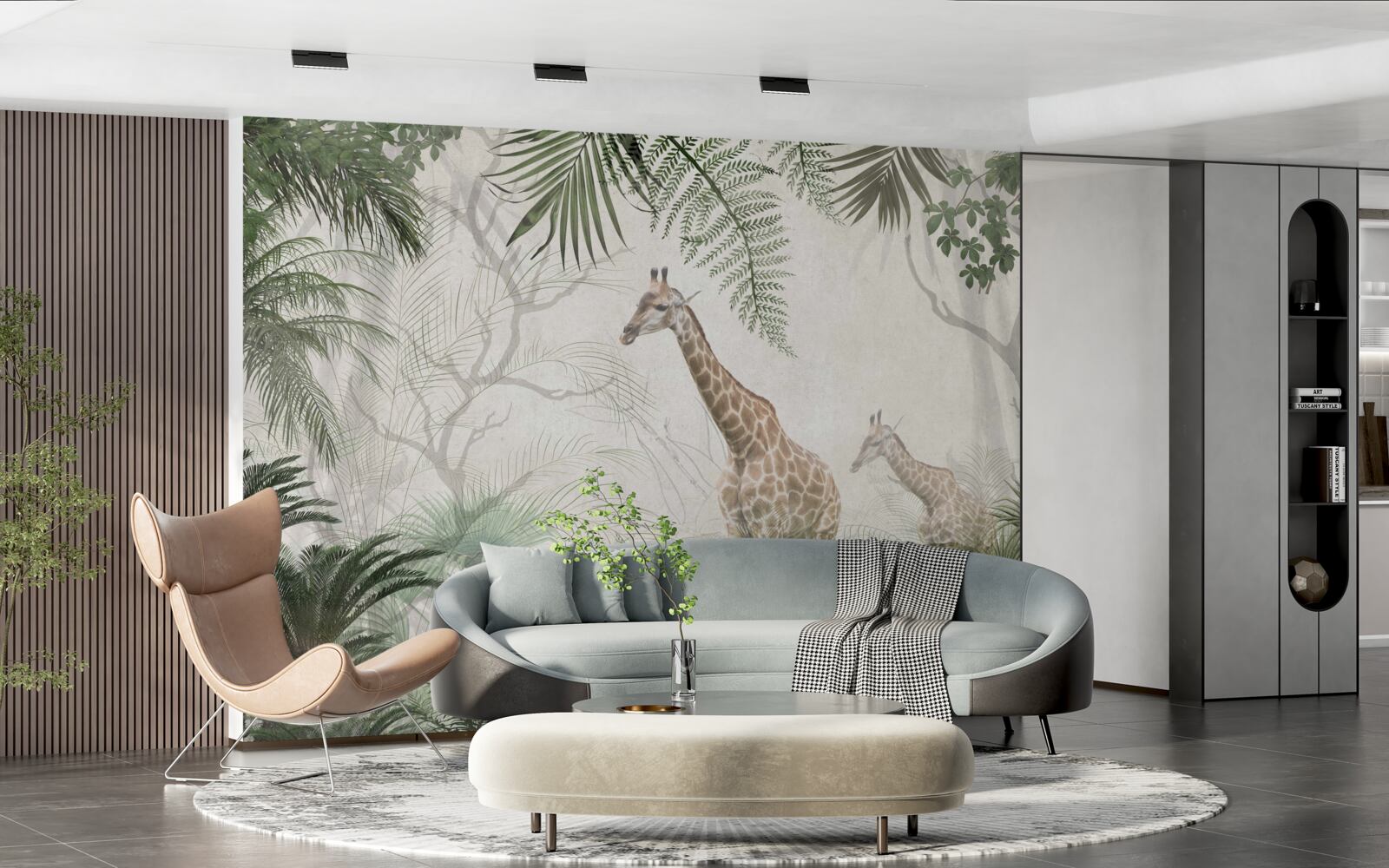 Fototapeta rodinka žiráf kráča po lesnom chodníku