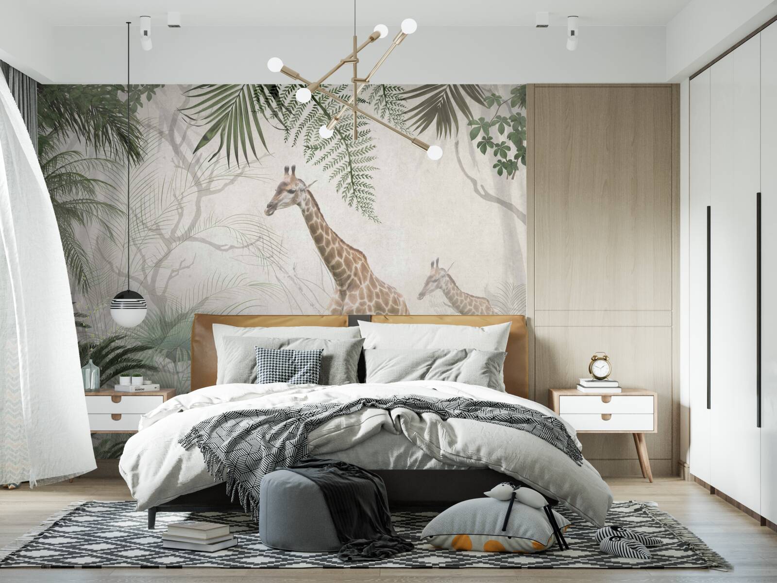 Fototapeta rodinka žiráf kráča po lesnom chodníku