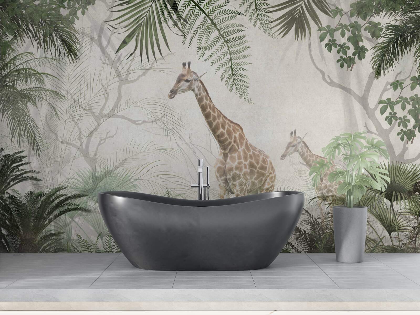 Fototapeta rodinka žiráf kráča po lesnom chodníku