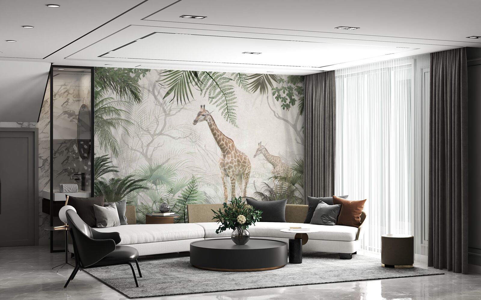 Fototapeta rodinka žiráf kráča po lesnom chodníku