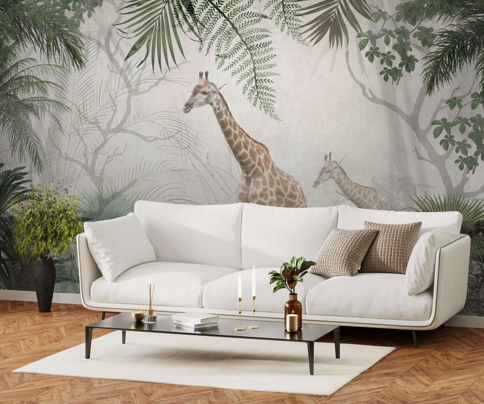 Fototapeta rodinka žiráf kráča po lesnom chodníku