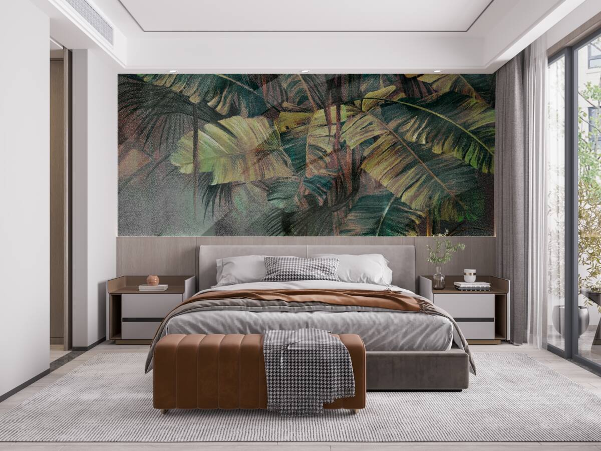 Fototapeta palmové listy, husté a svieže, v silnom daždi