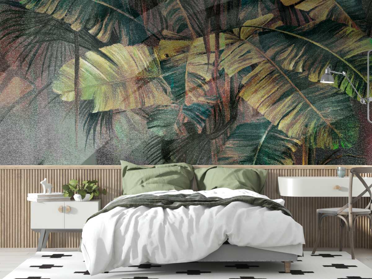 Fototapeta palmové listy, husté a svieže, v silnom daždi