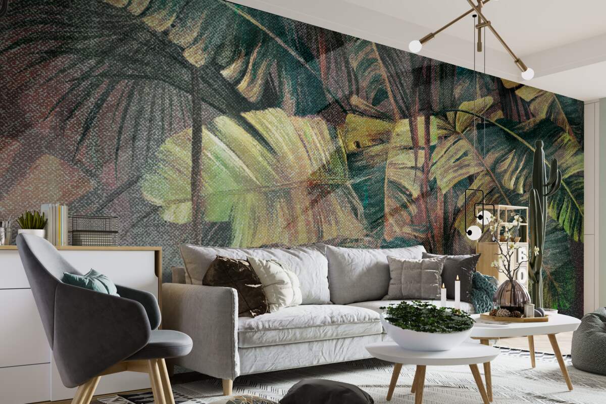 Fototapeta palmové listy, husté a svieže, v silnom daždi