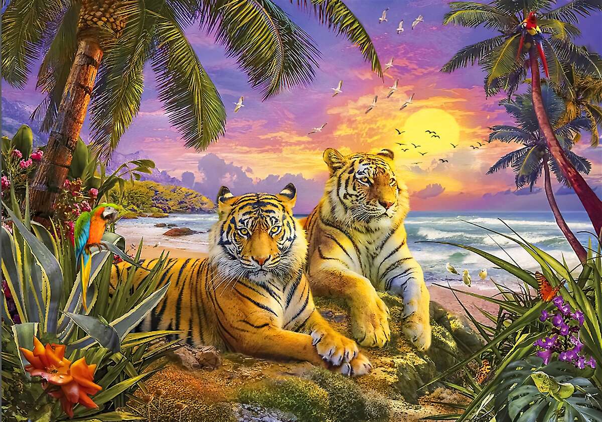 Fototapeta dva tigre na pozadí tropickej oblohy za súmraku