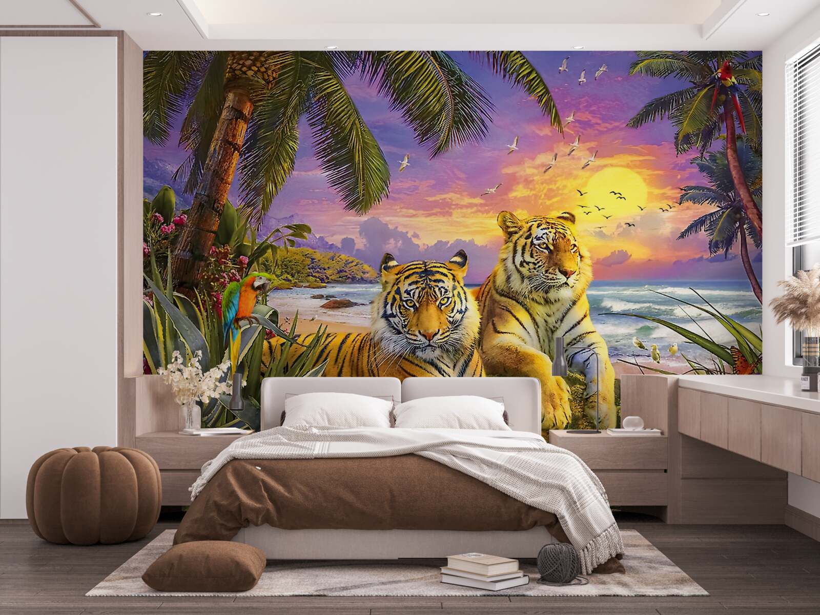 Fototapeta dva tigre na pozadí tropickej oblohy za súmraku