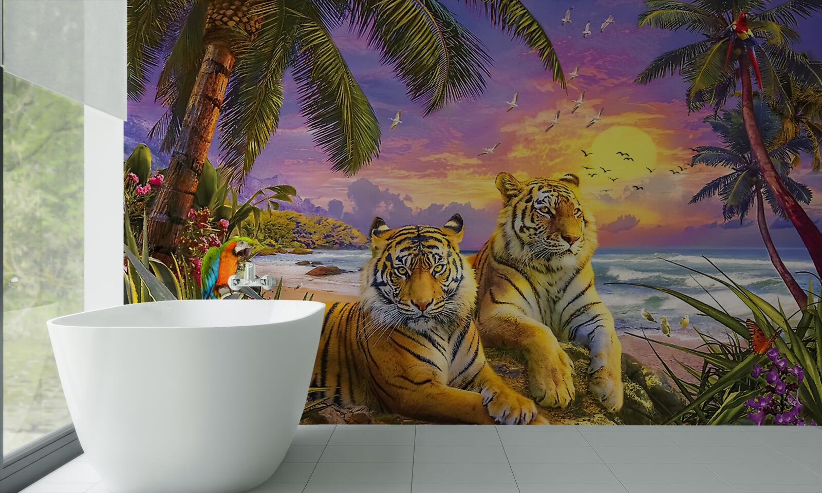 Fototapeta dva tigre na pozadí tropickej oblohy za súmraku