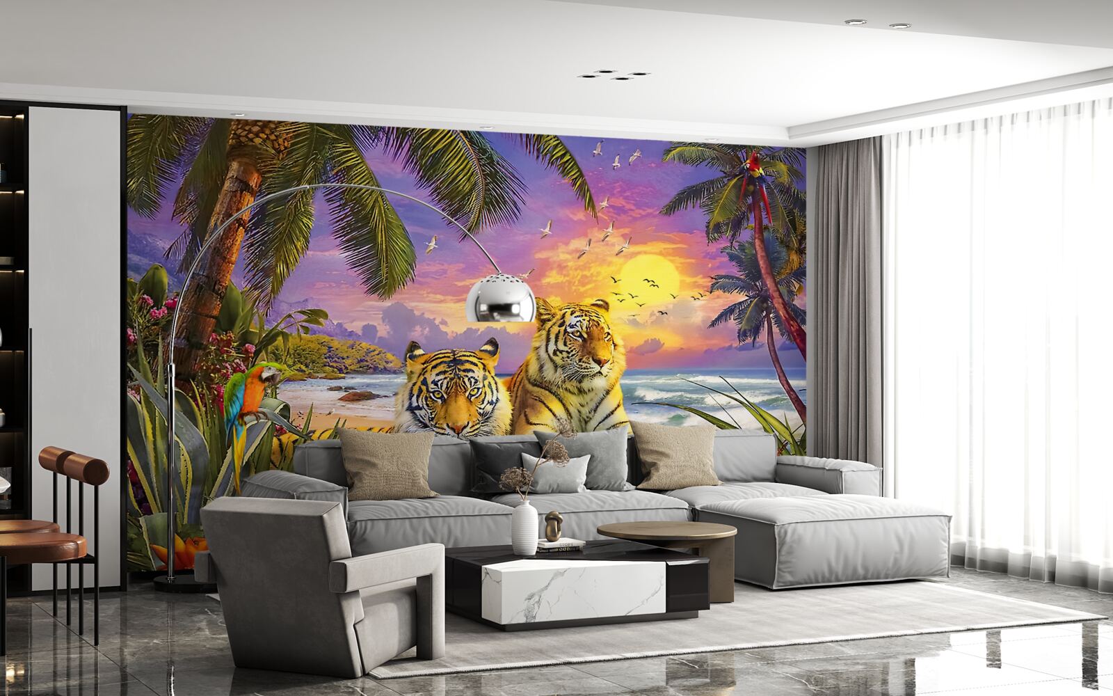 Fototapeta dva tigre na pozadí tropickej oblohy za súmraku