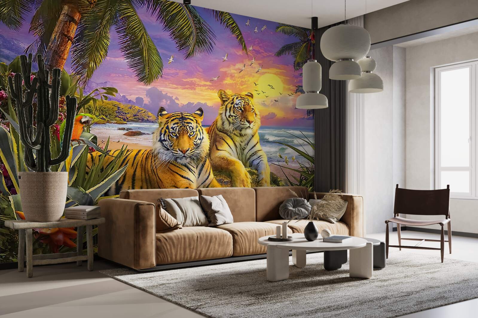 Fototapeta dva tigre na pozadí tropickej oblohy za súmraku