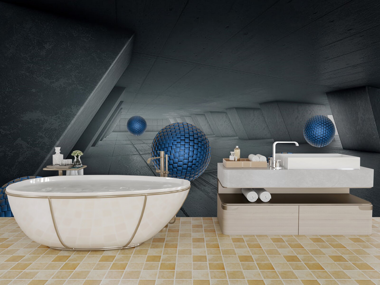 Fototapeta nekonečný šedý priechod a modré gule