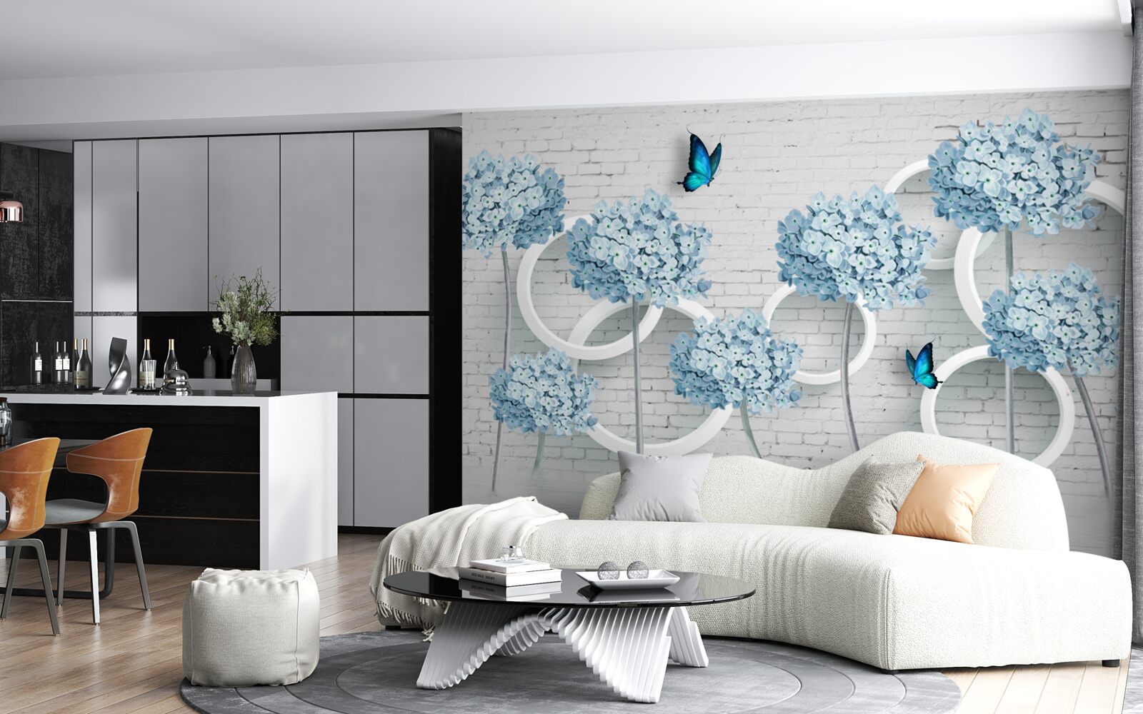 Fototapeta orgovánové vetvy s modrými kvetmi na nejednoznačnom pozadí