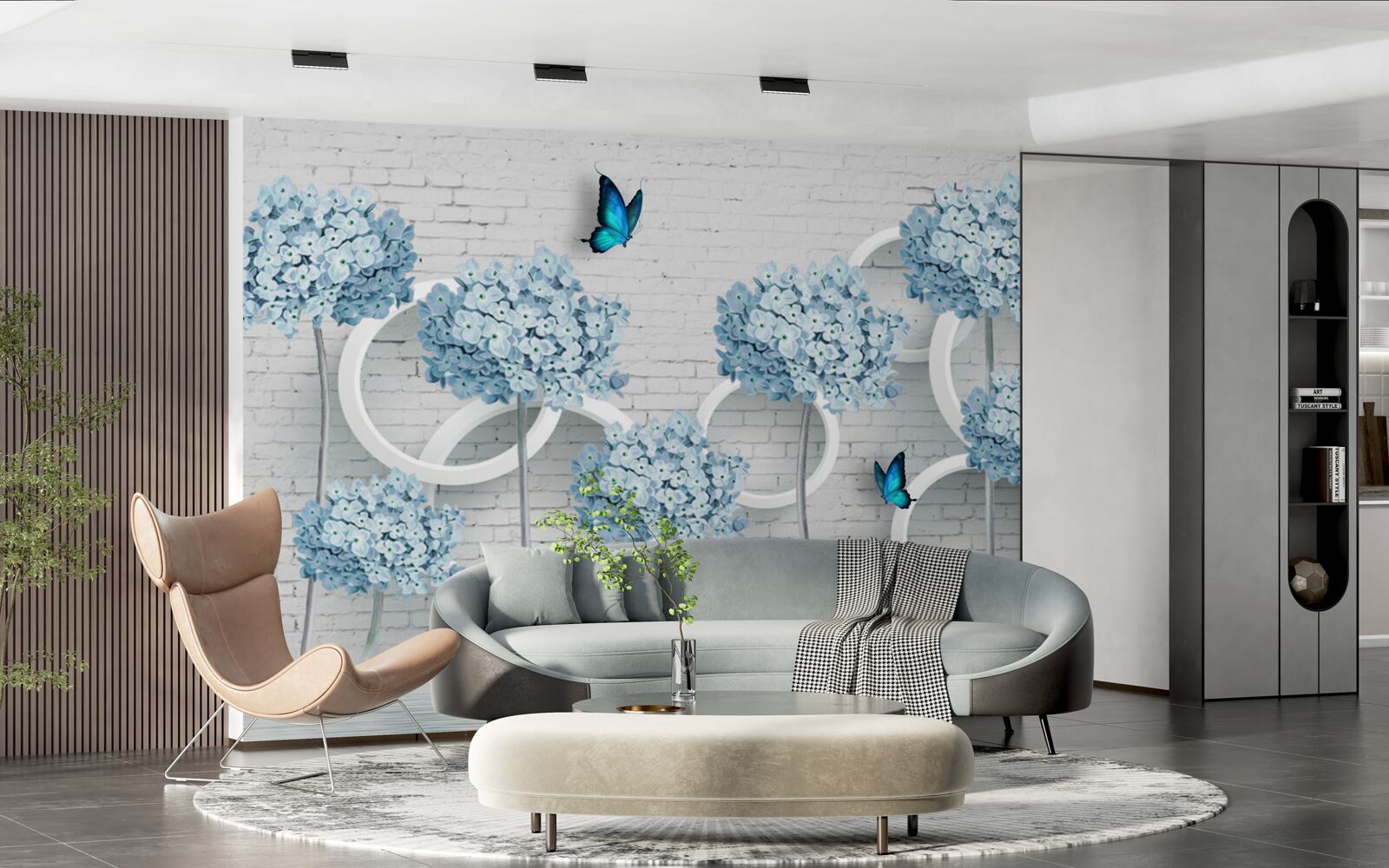 Fototapeta orgovánové vetvy s modrými kvetmi na nejednoznačnom pozadí