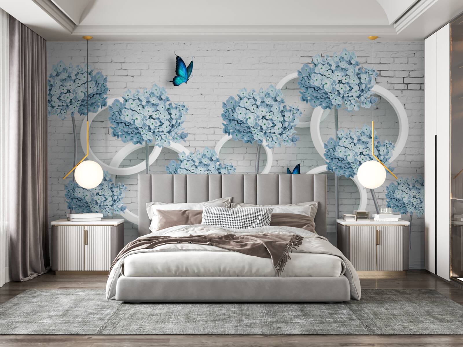 Fototapeta orgovánové vetvy s modrými kvetmi na nejednoznačnom pozadí