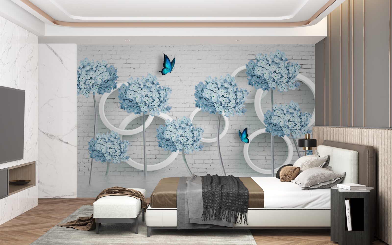 Fototapeta orgovánové vetvy s modrými kvetmi na nejednoznačnom pozadí