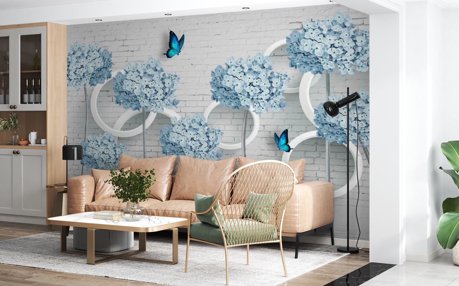 Fototapeta orgovánové vetvy s modrými kvetmi na nejednoznačnom pozadí