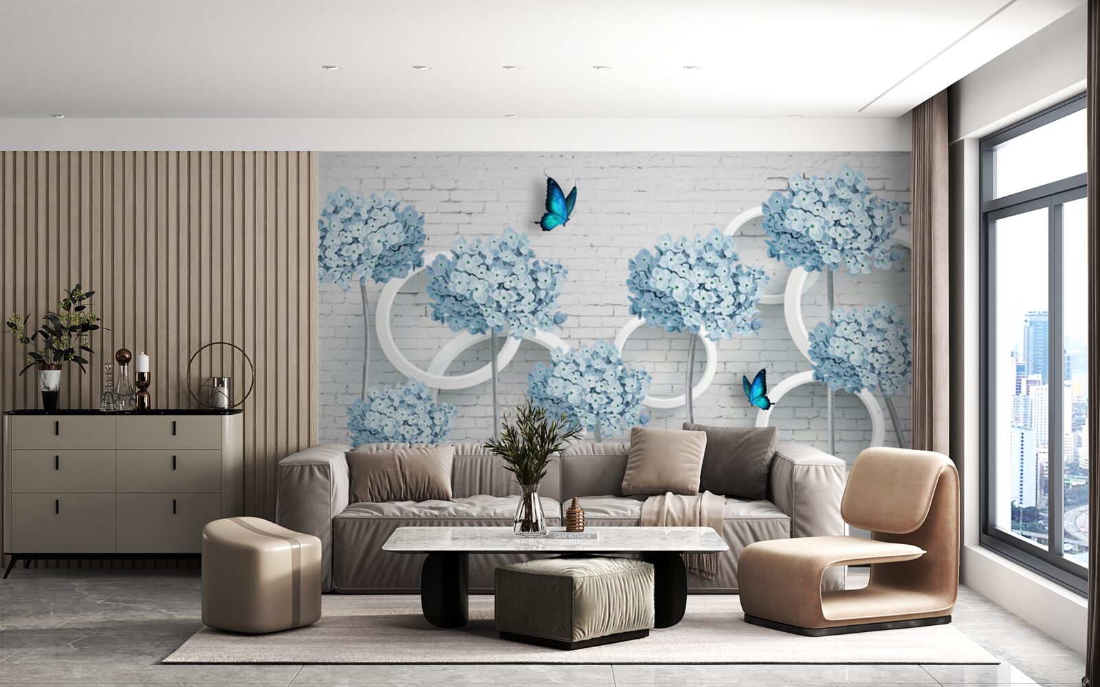 Fototapeta orgovánové vetvy s modrými kvetmi na nejednoznačnom pozadí