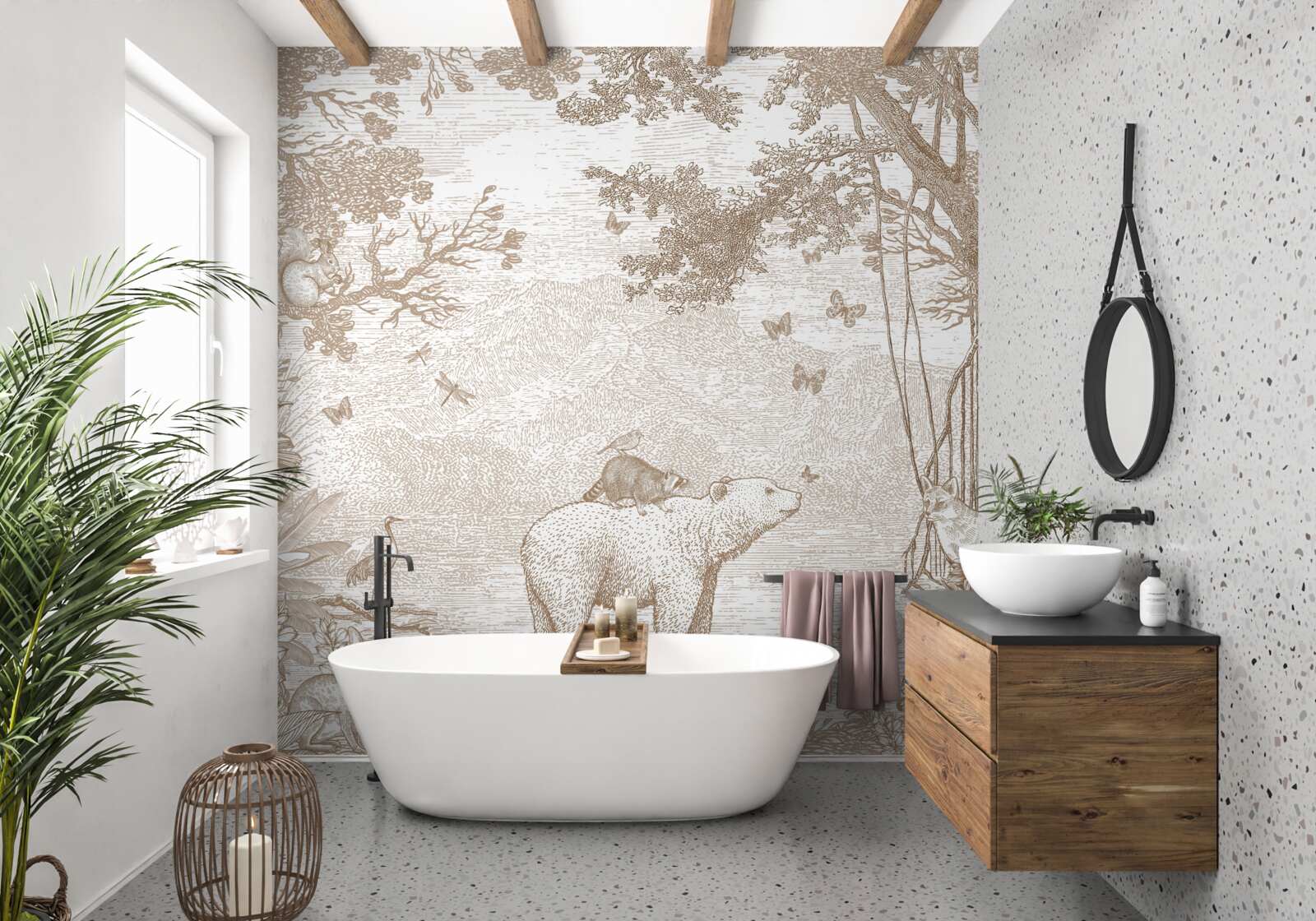 Fototapeta medveď prechádza zasneženým lesom