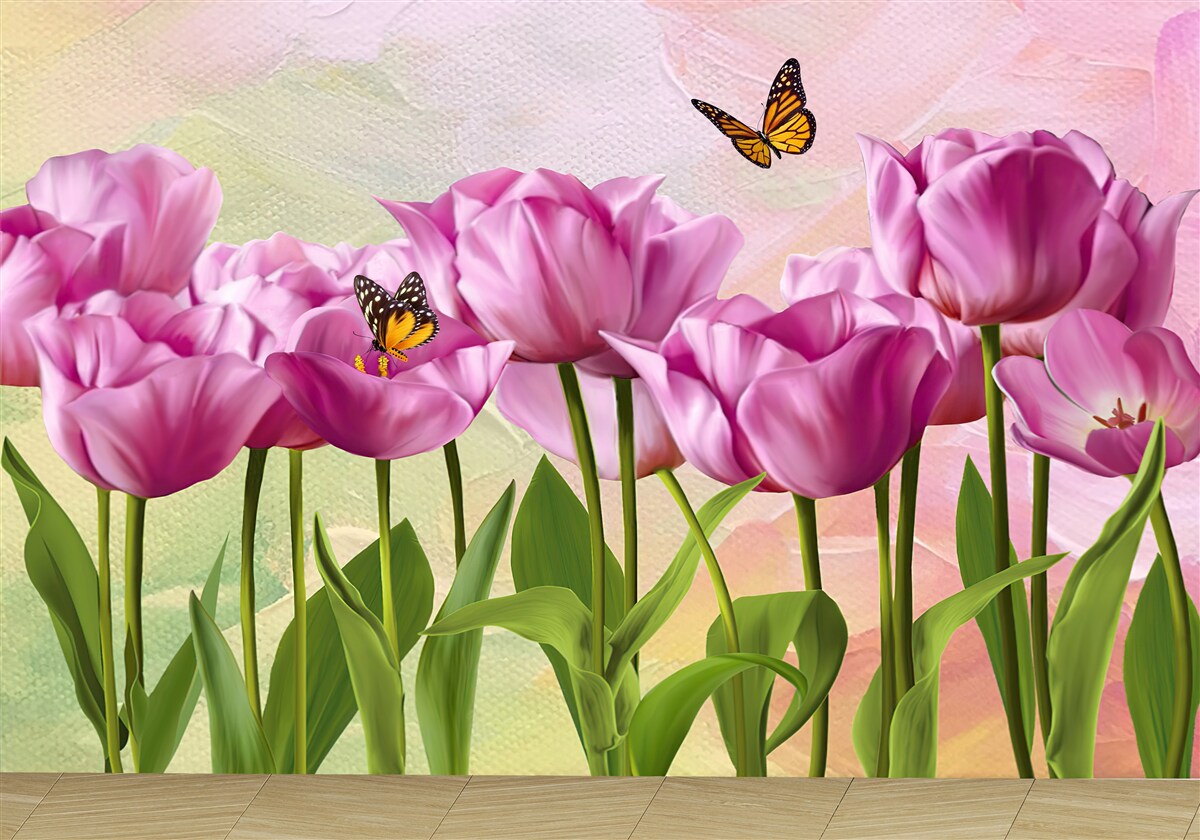 Fototapeta motýle a fialové tulipány v poli