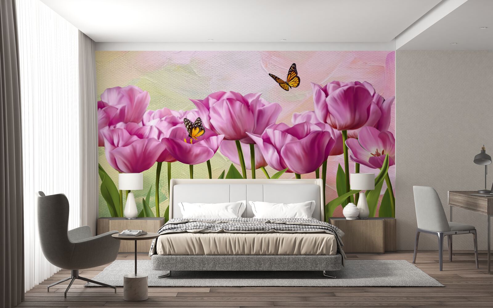 Fototapeta motýle a fialové tulipány v poli