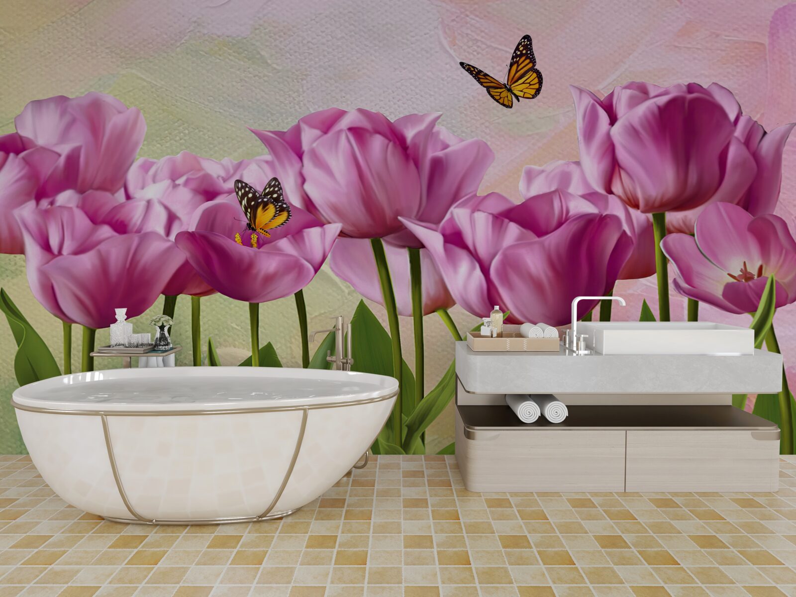 Fototapeta motýle a fialové tulipány v poli