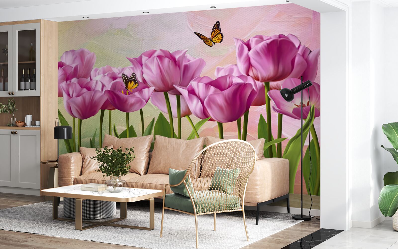 Fototapeta motýle a fialové tulipány v poli