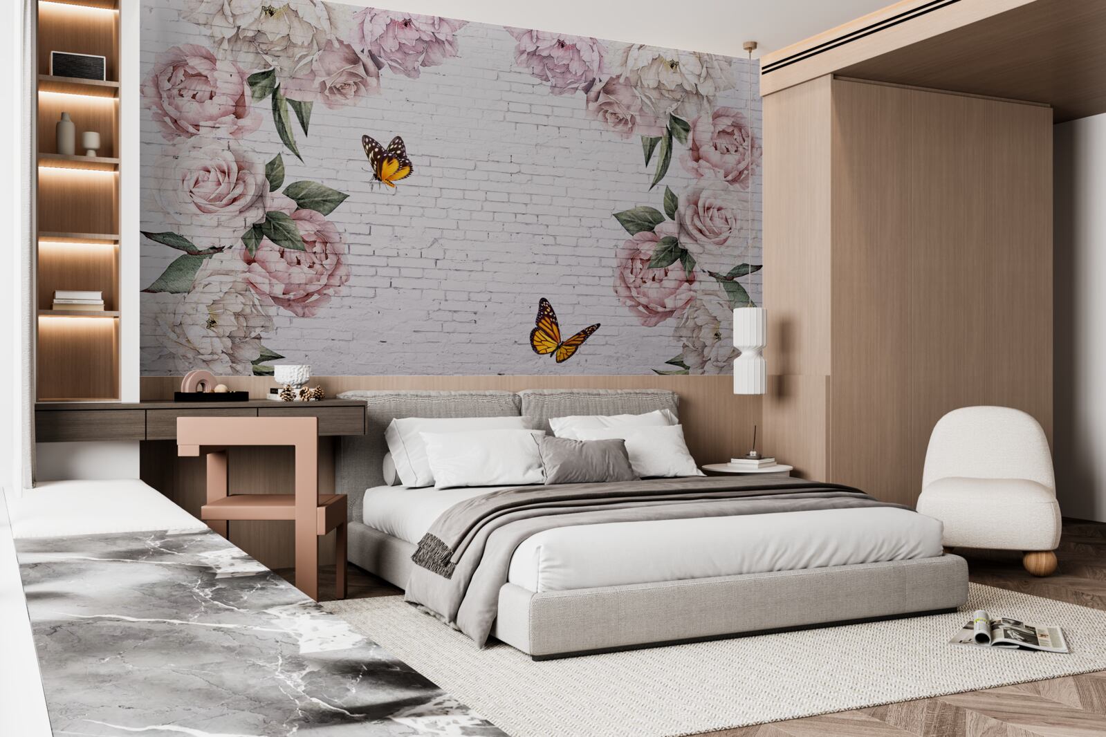 Fototapeta pivonky v ružových odtieňoch a motýle