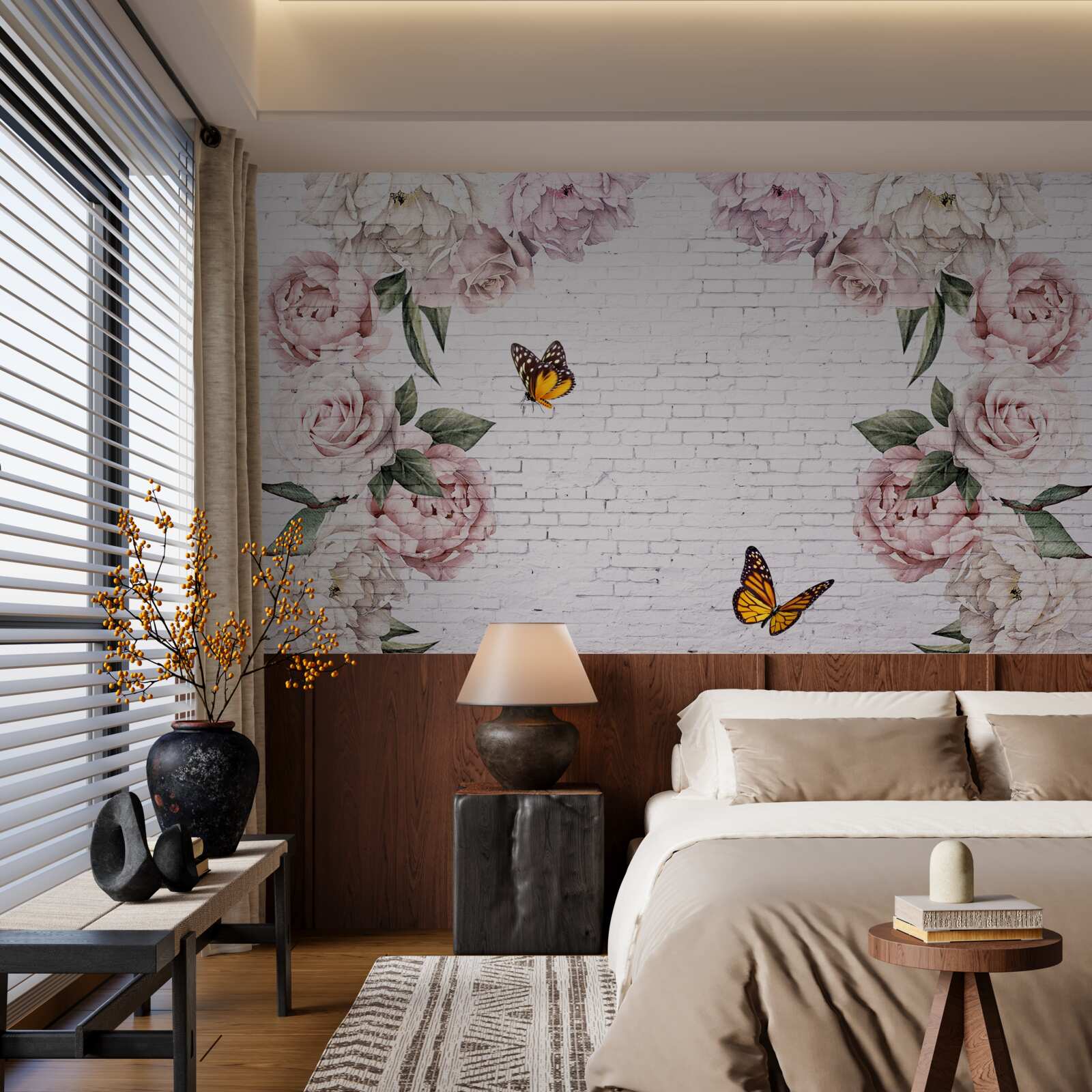 Fototapeta pivonky v ružových odtieňoch a motýle