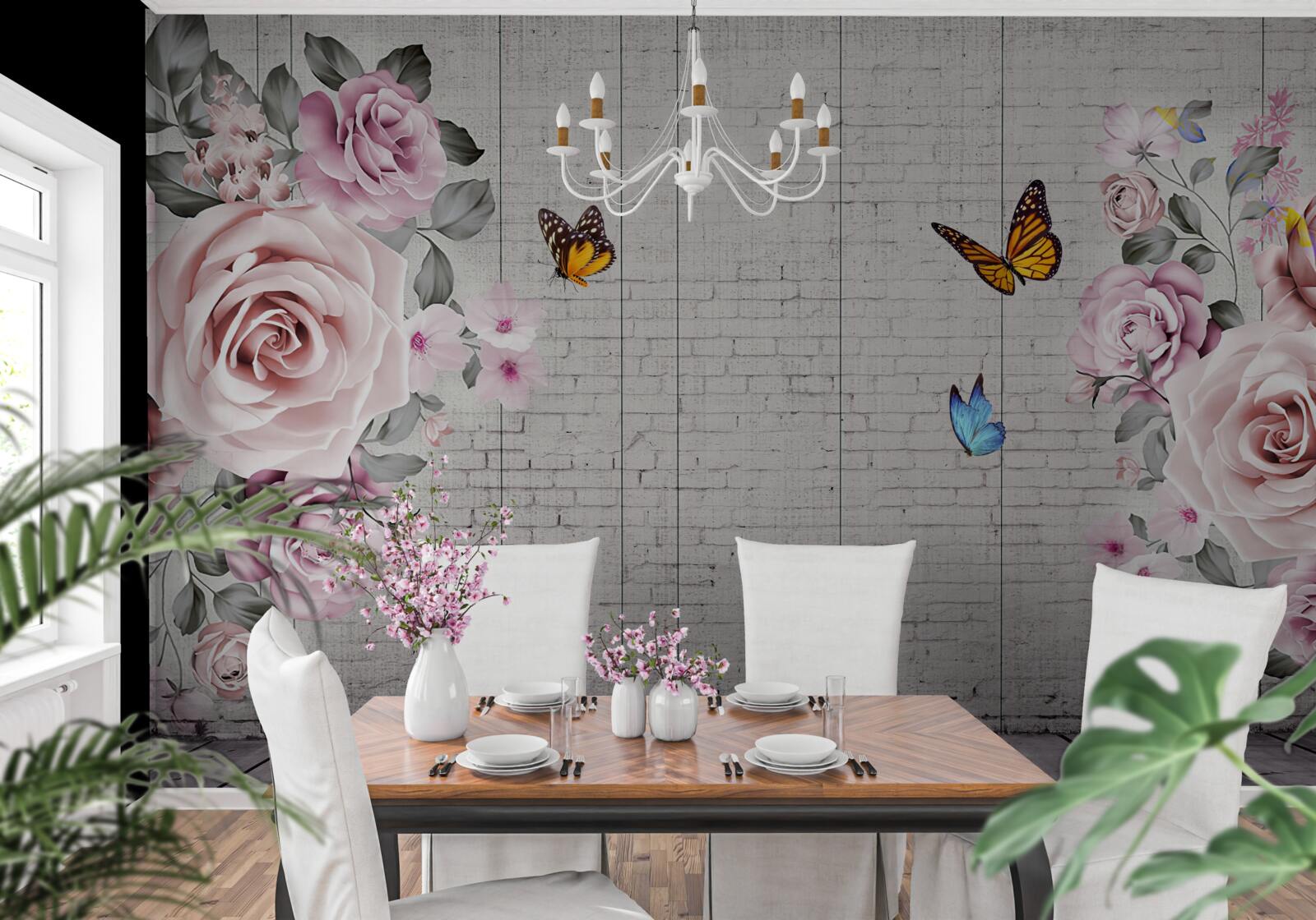 Fototapeta pestrofarebné motýle a jemne rozkvitnuté ruže