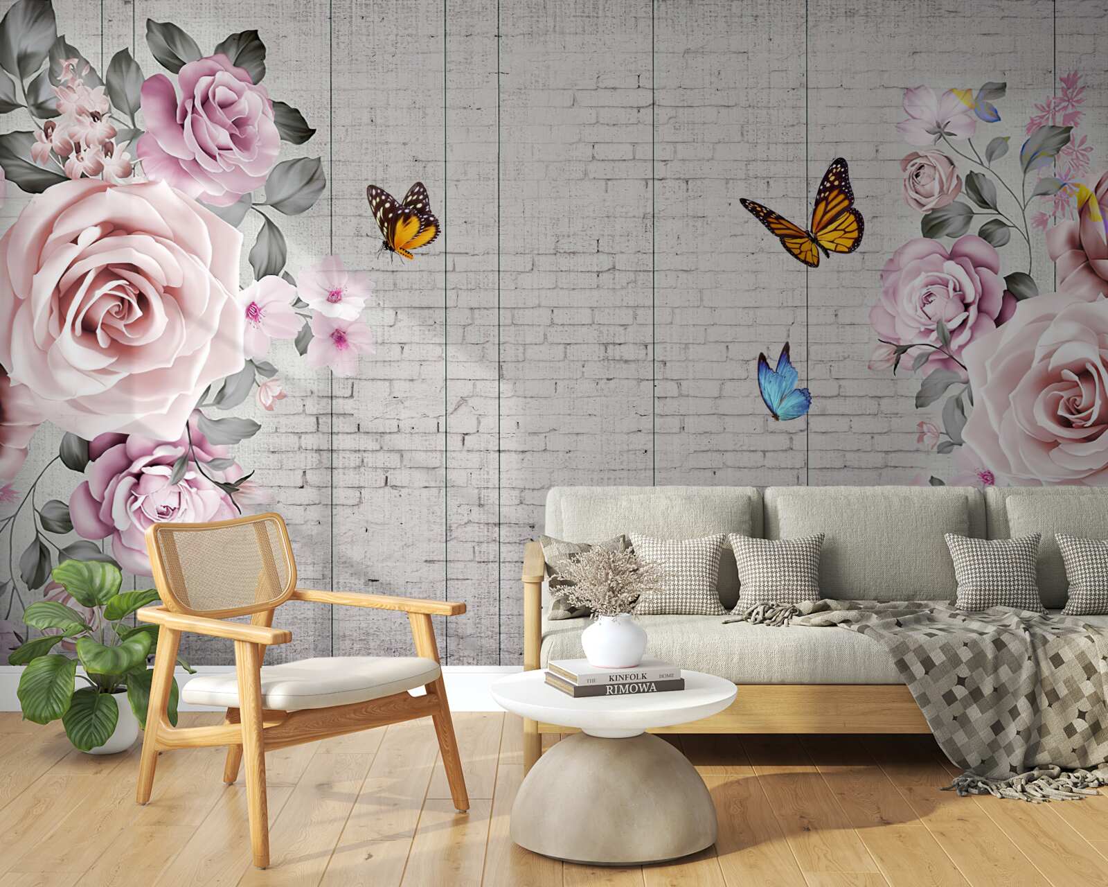 Fototapeta pestrofarebné motýle a jemne rozkvitnuté ruže