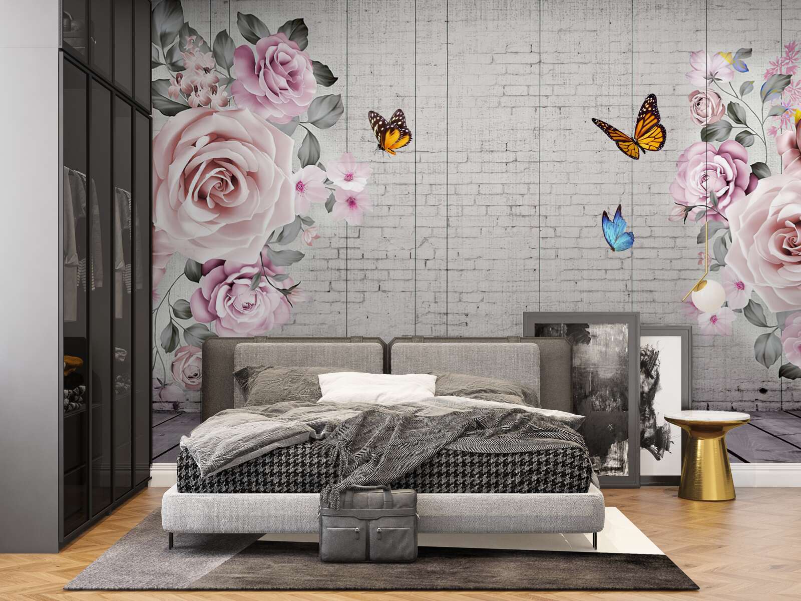 Fototapeta pestrofarebné motýle a jemne rozkvitnuté ruže