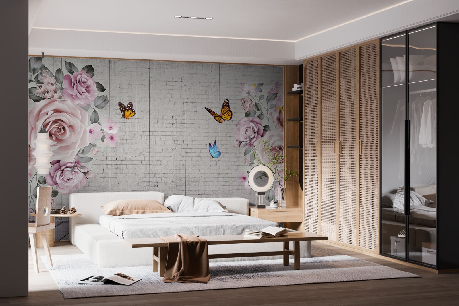 Fototapeta pestrofarebné motýle a jemne rozkvitnuté ruže