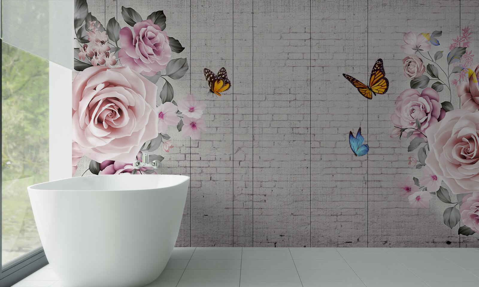 Fototapeta pestrofarebné motýle a jemne rozkvitnuté ruže