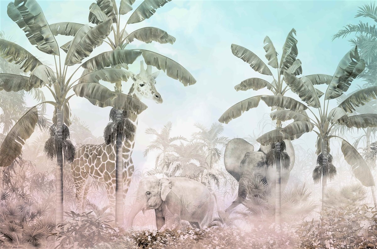 Fototapeta veľké palmy so širokými listami a rôzne zvieratá