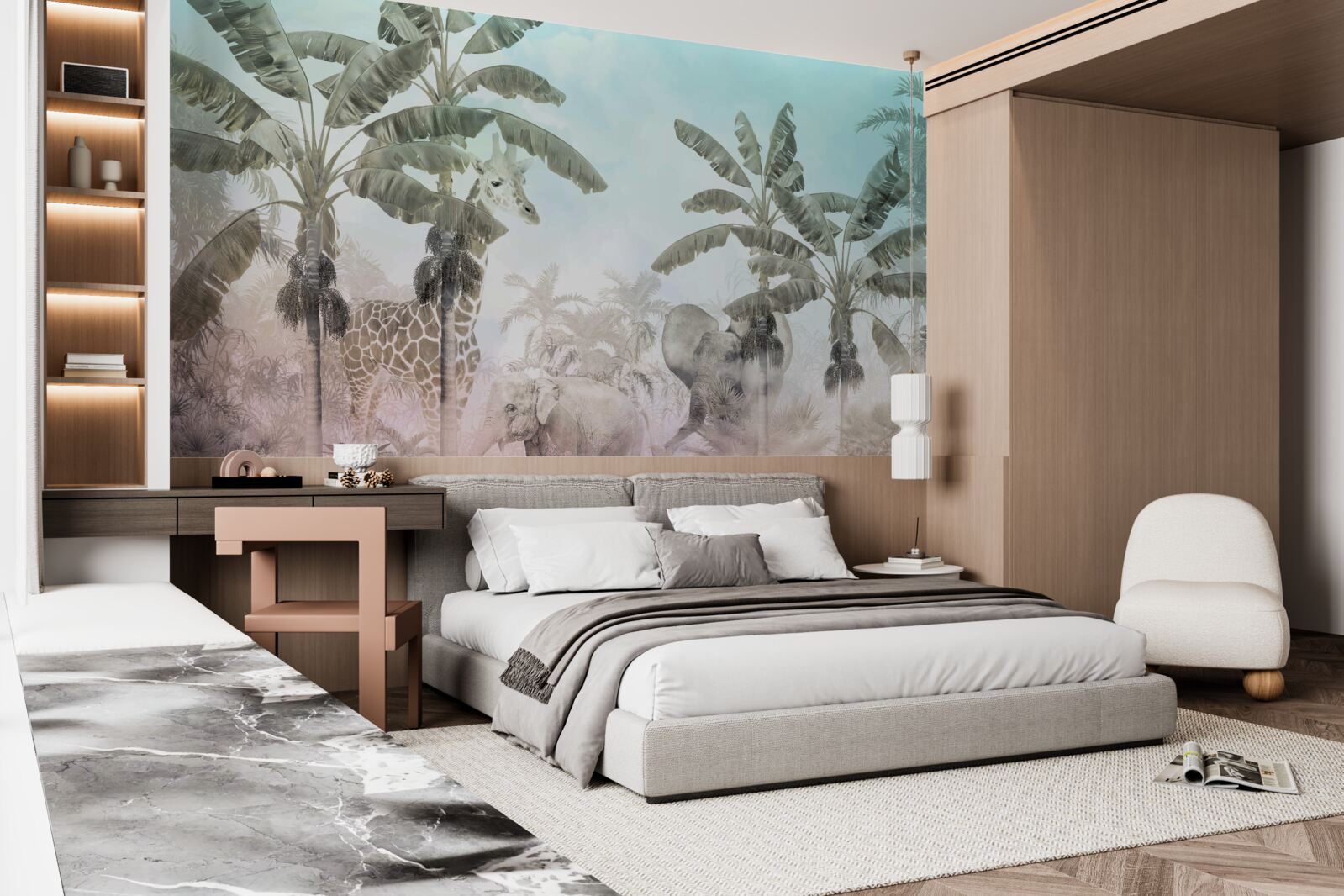 Fototapeta veľké palmy so širokými listami a rôzne zvieratá