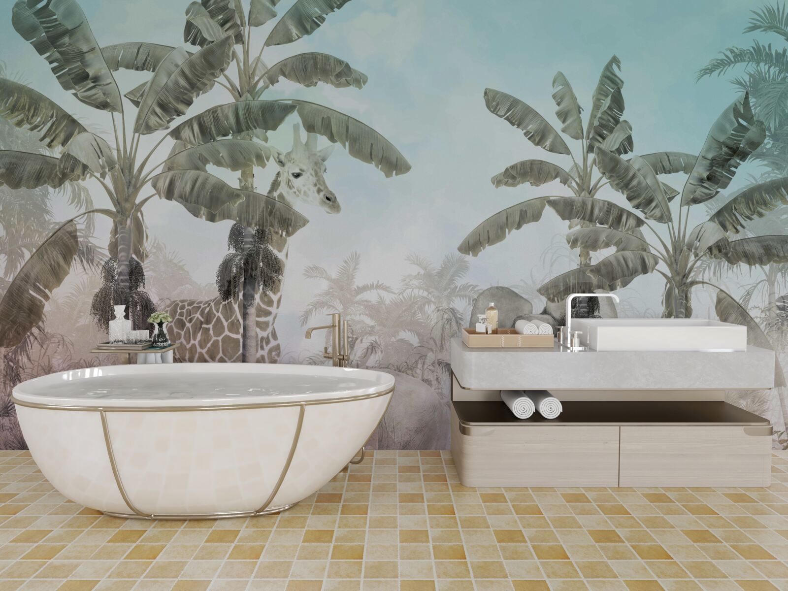 Fototapeta veľké palmy so širokými listami a rôzne zvieratá