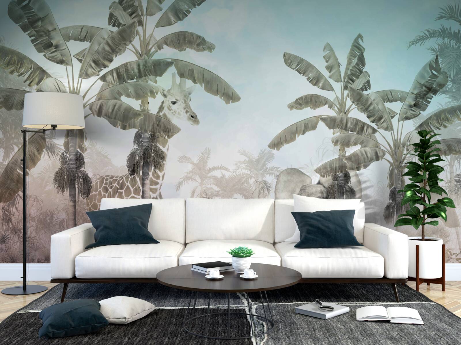 Fototapeta veľké palmy so širokými listami a rôzne zvieratá