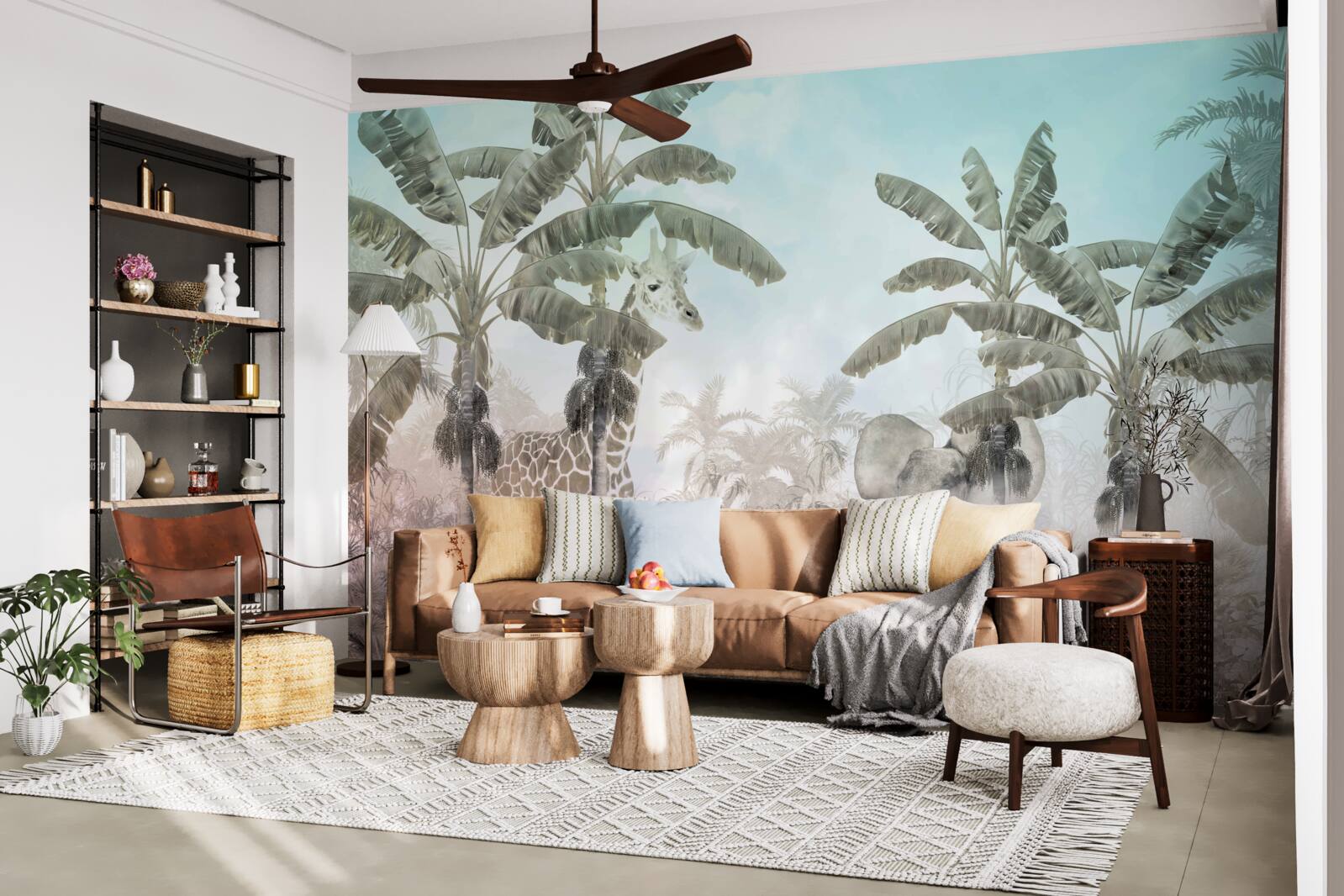 Fototapeta veľké palmy so širokými listami a rôzne zvieratá