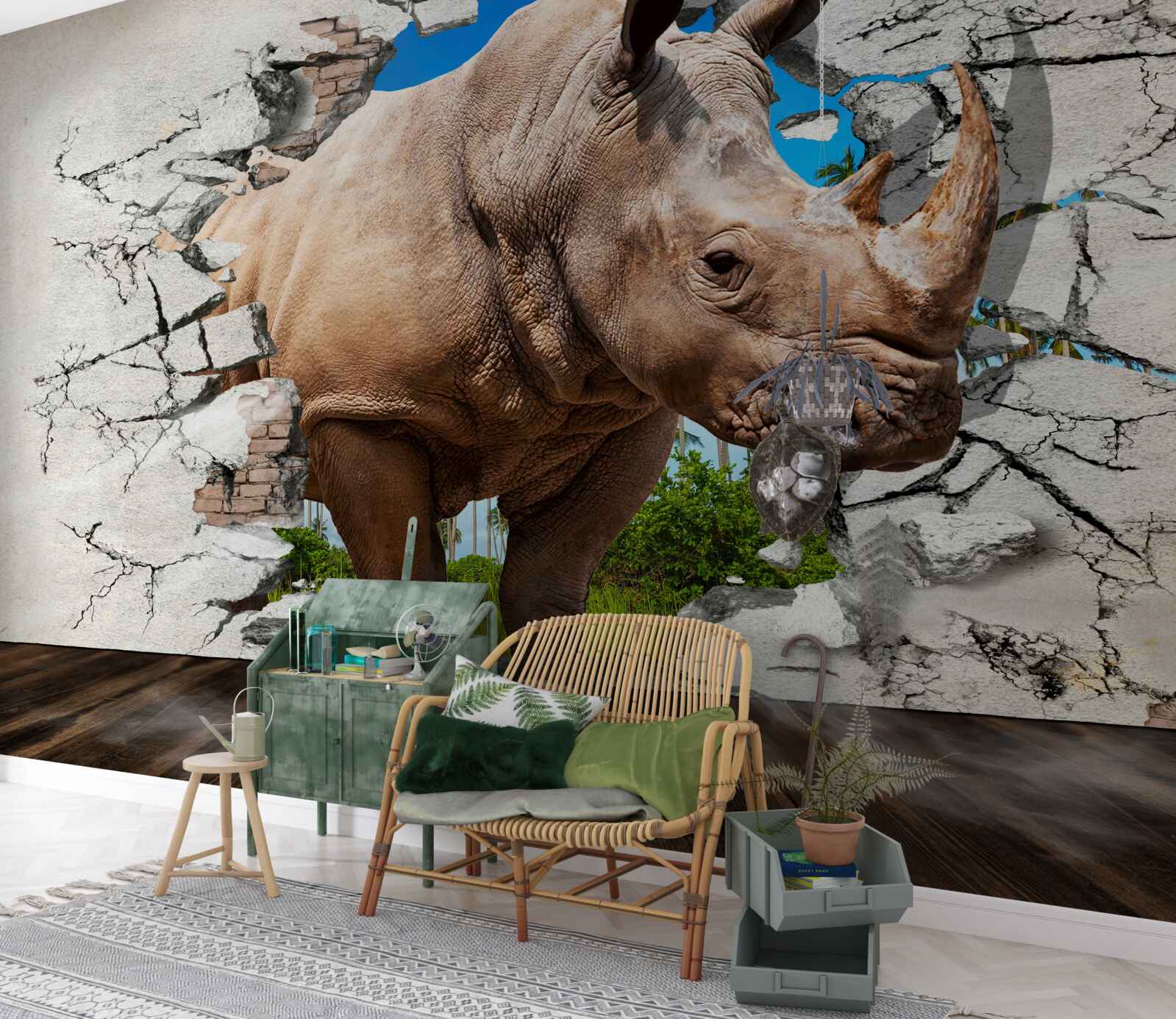 Fototapeta Stena sa zrúti pod silou nosorožca