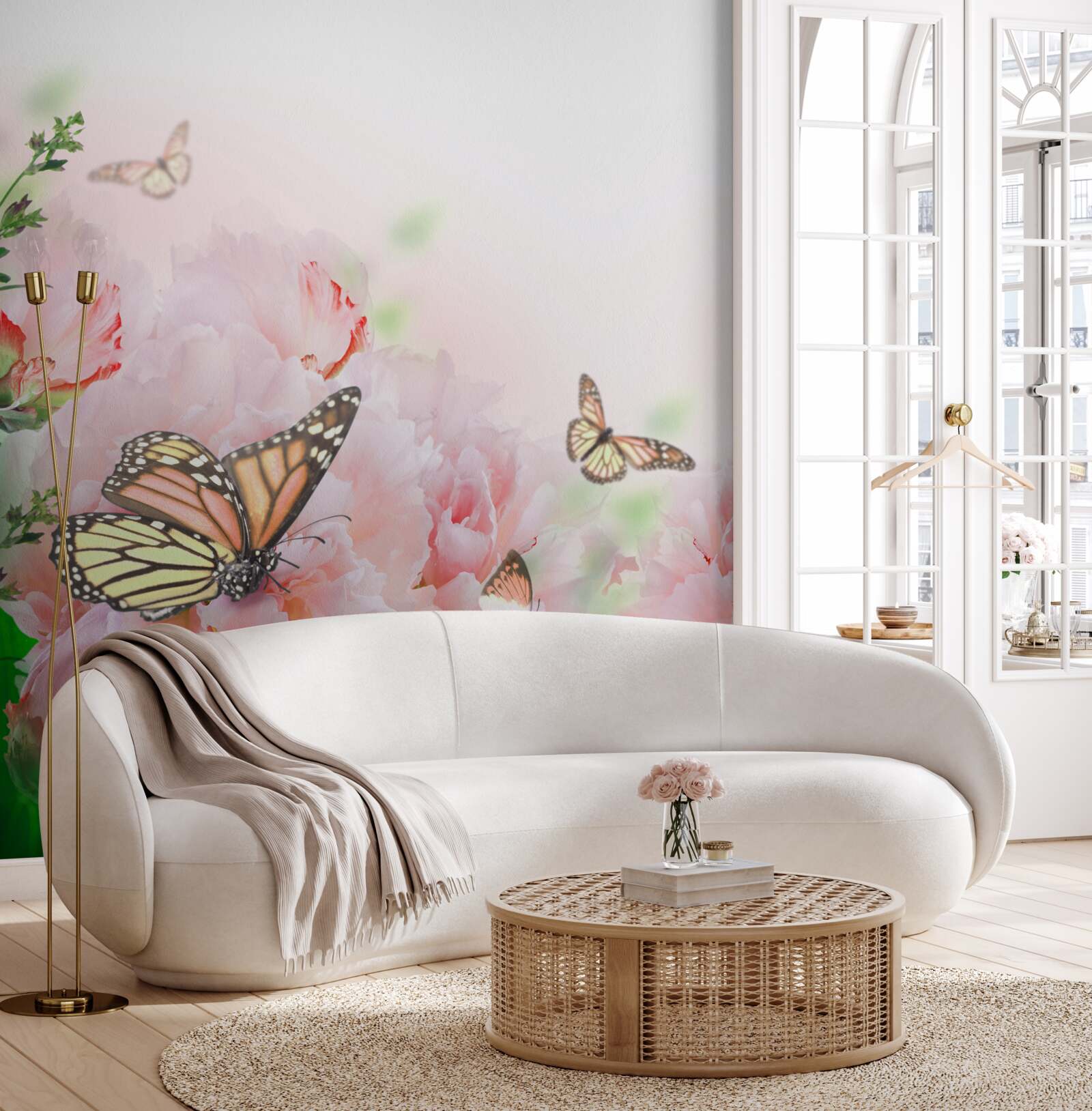 Fototapeta skupina motýľov na pozadí výzdoby letných kvetov