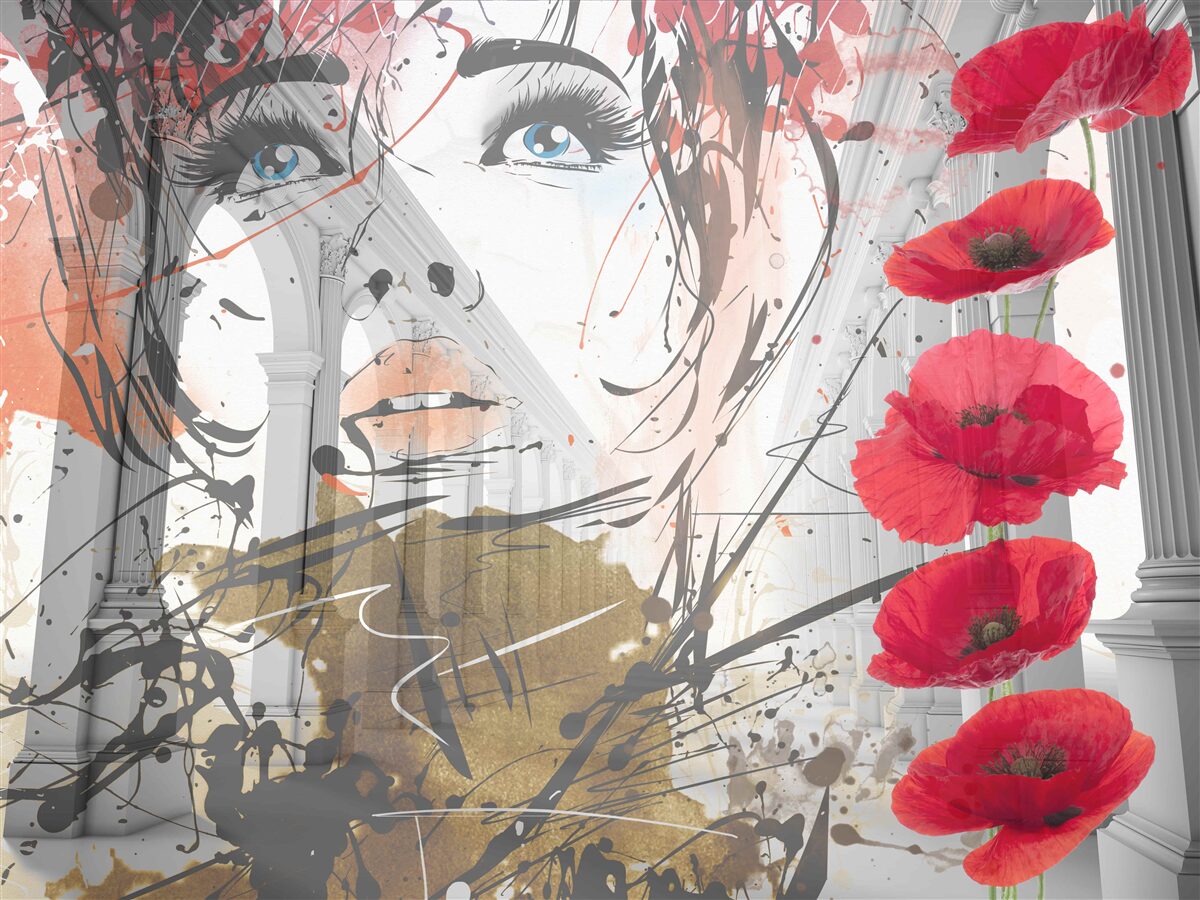 Fototapeta dievča pózuje na pozadí oblúka zdobeného kvetmi maku