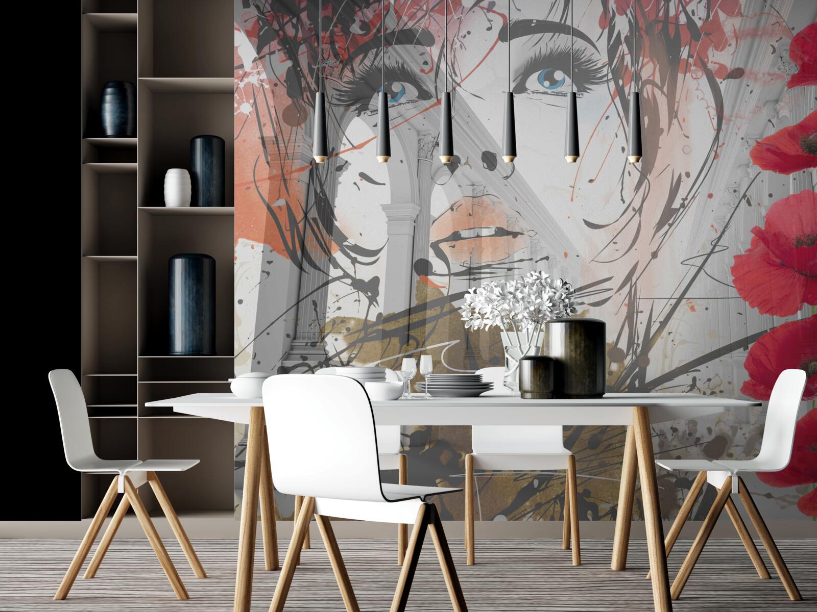 Fototapeta dievča pózuje na pozadí oblúka zdobeného kvetmi maku