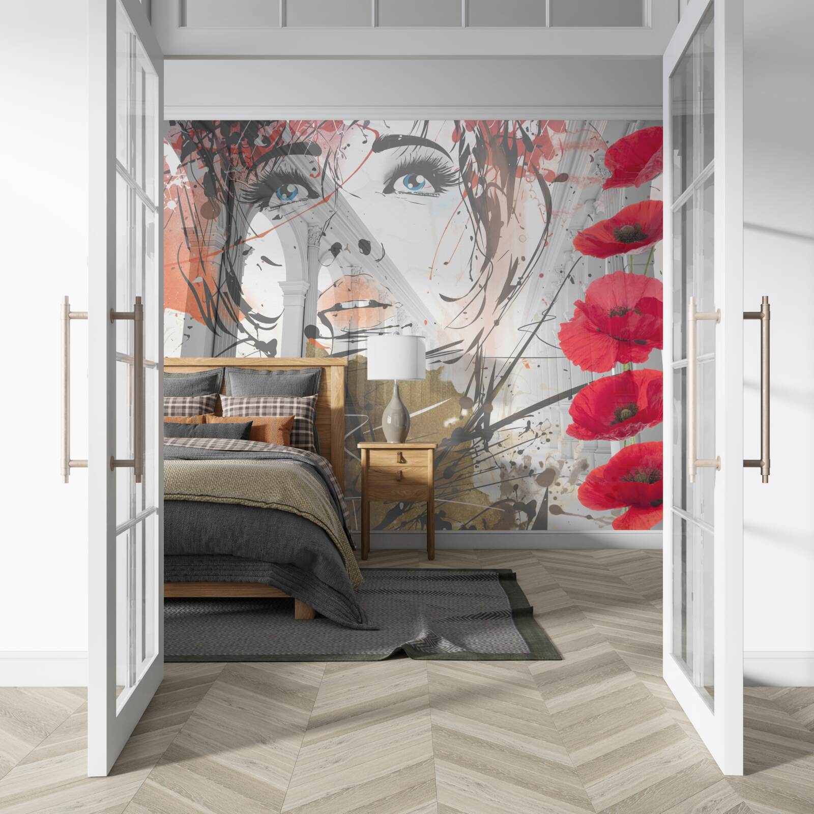 Fototapeta dievča pózuje na pozadí oblúka zdobeného kvetmi maku