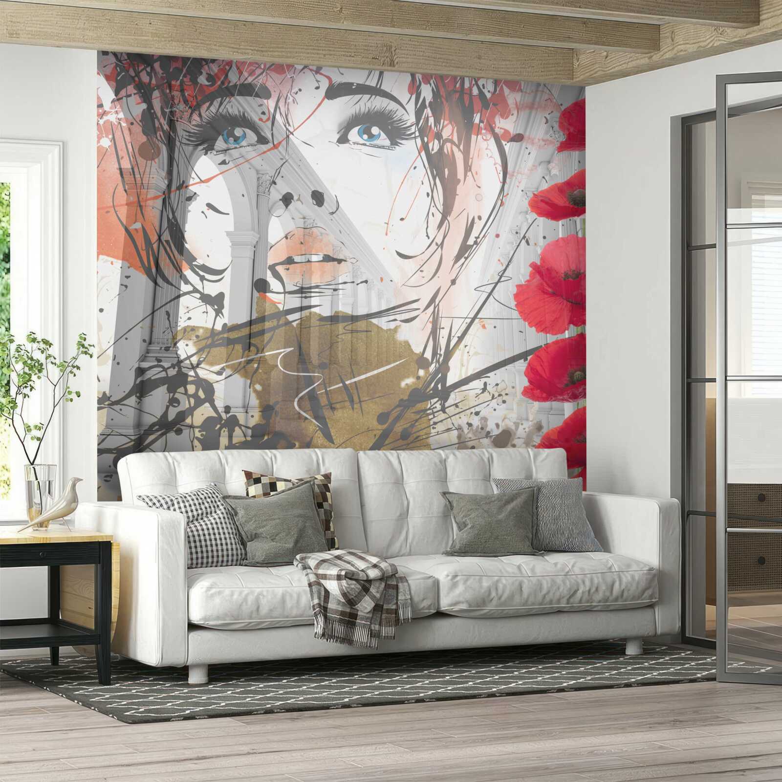 Fototapeta dievča pózuje na pozadí oblúka zdobeného kvetmi maku