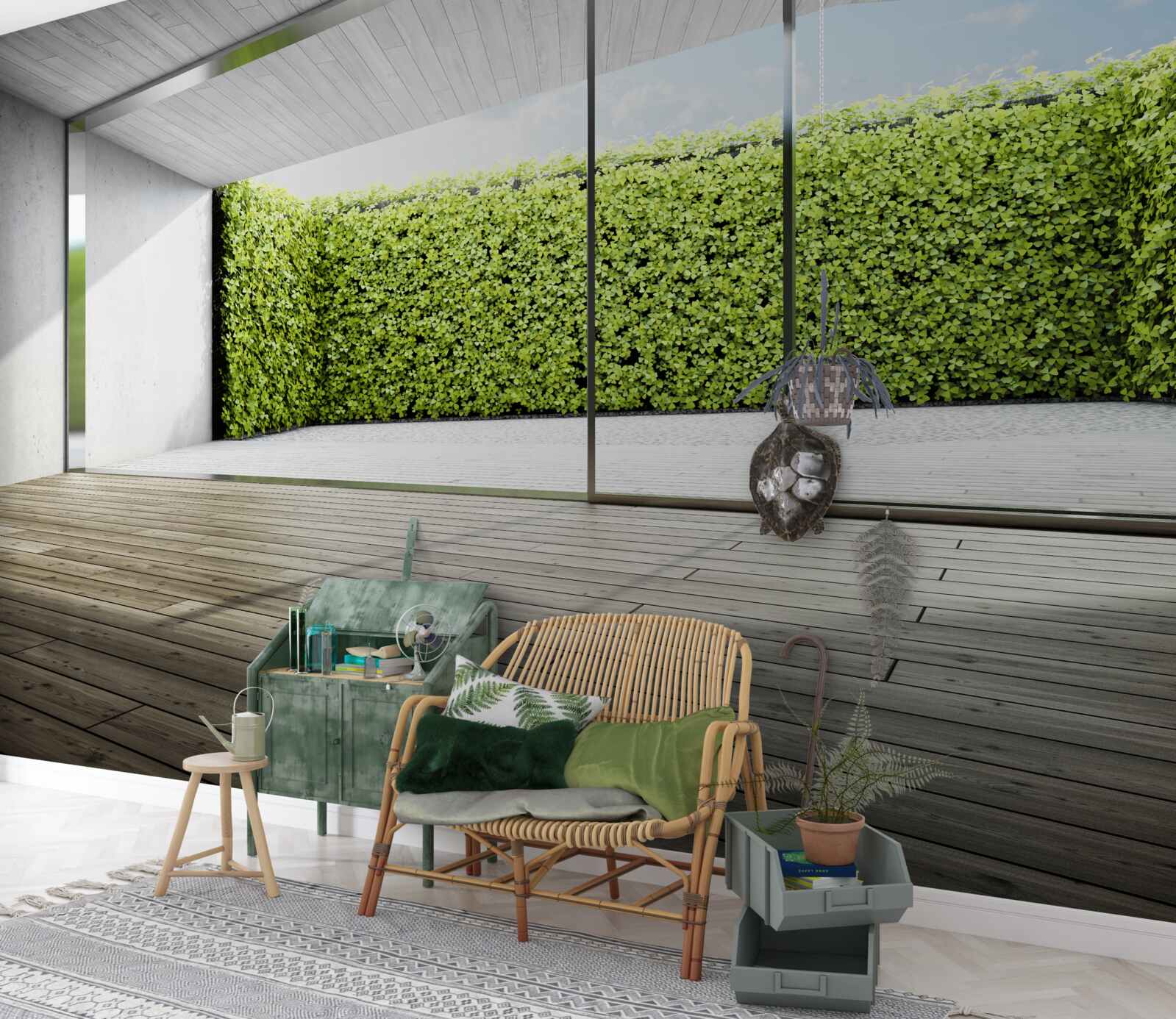 Fototapeta balkón s priehľadnými stenami s výhľadom do záhrady